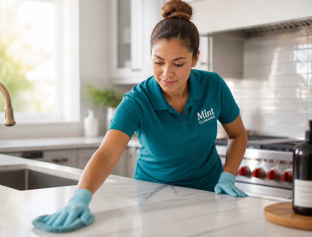A professional cleaner wiping down a kitchen countertop